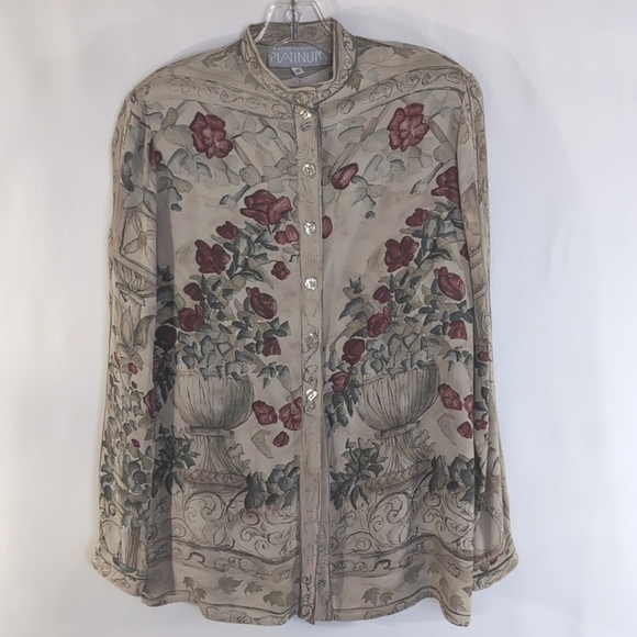 Platinum by Dorothy Schoelen Long Sleeve Floral Tan and Red Blouse Set Size  S - Picture 10 of 10